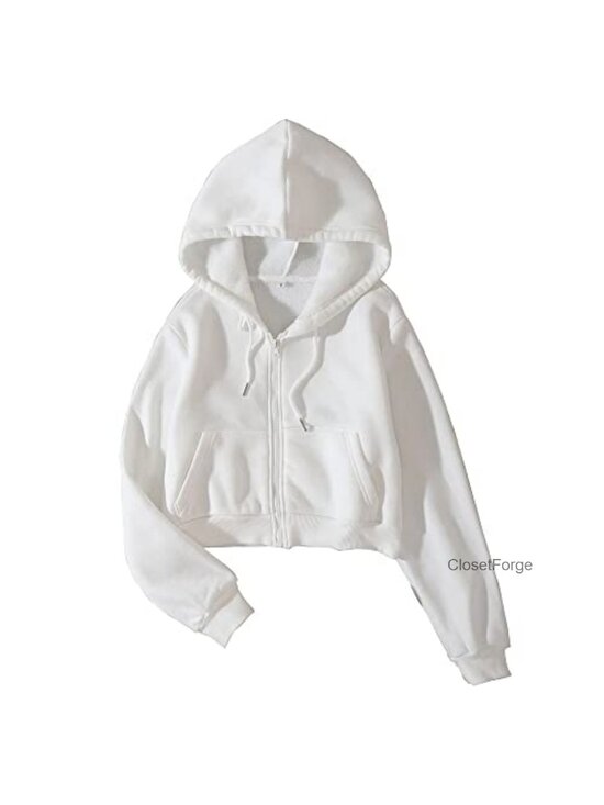Tops - Women's Fleece Full Zip Crop Hoodie Long Sleeve with Pockets